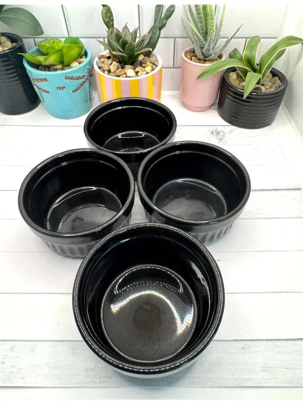 Set Of 4 Black Ceramic Ramekins Baking Bowls For Desserts Soufflé